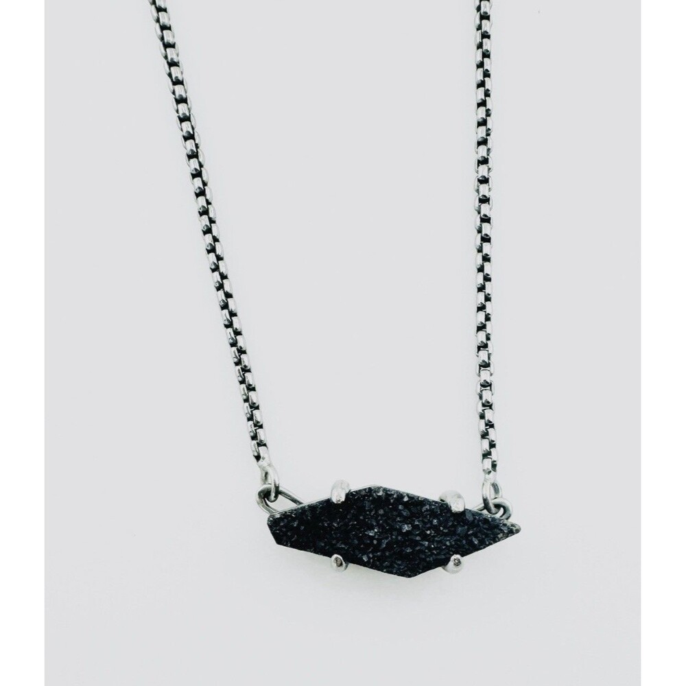 Kendra Scott Tess Necklace Black Platinum Sparkle Druzy Pendant Silver Tone 16”